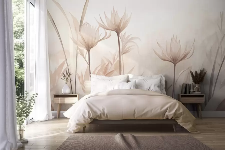 wall murals Textured translucent flowers in soft peach and beige hues with long stems and foliage w10028