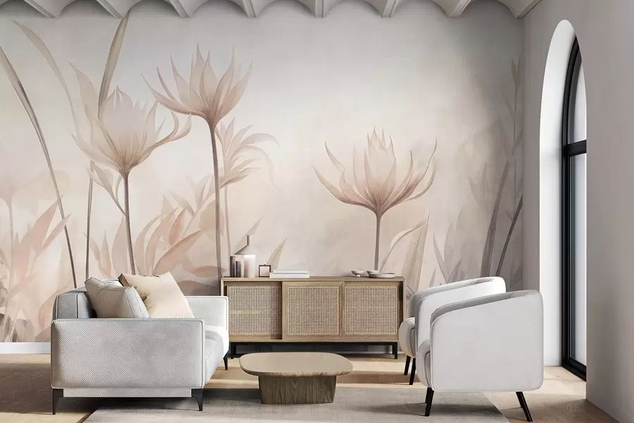 wall murals Textured translucent flowers in soft peach and beige hues with long stems and foliage w10028