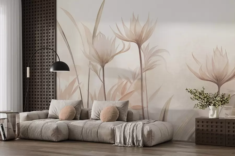 wall murals Textured translucent flowers in soft peach and beige hues with long stems and foliage w10028