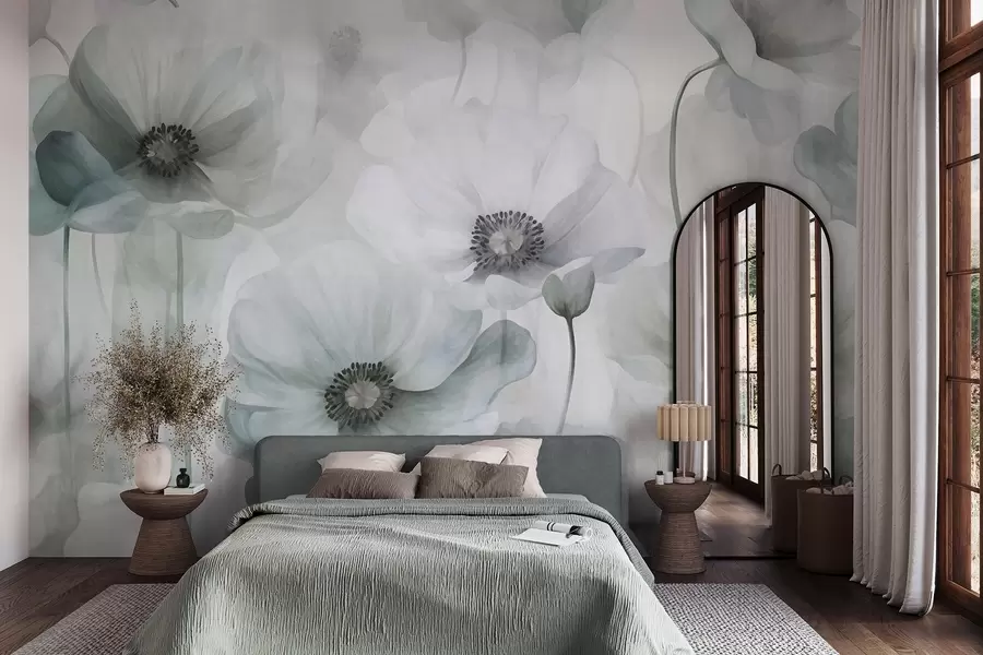 wall murals Muted textured poppies with dark centers, delicate translucent petals, soft background w10029v2