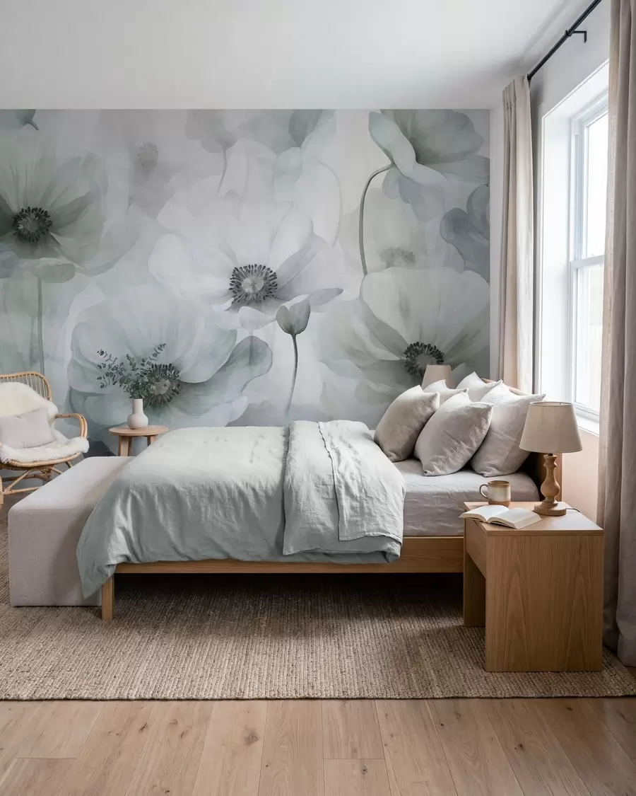 wall murals Muted textured poppies with dark centers, delicate translucent petals, soft background w10029v2