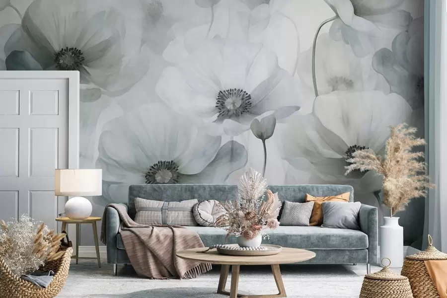 wall murals Muted textured poppies with dark centers, delicate translucent petals, soft background w10029v2