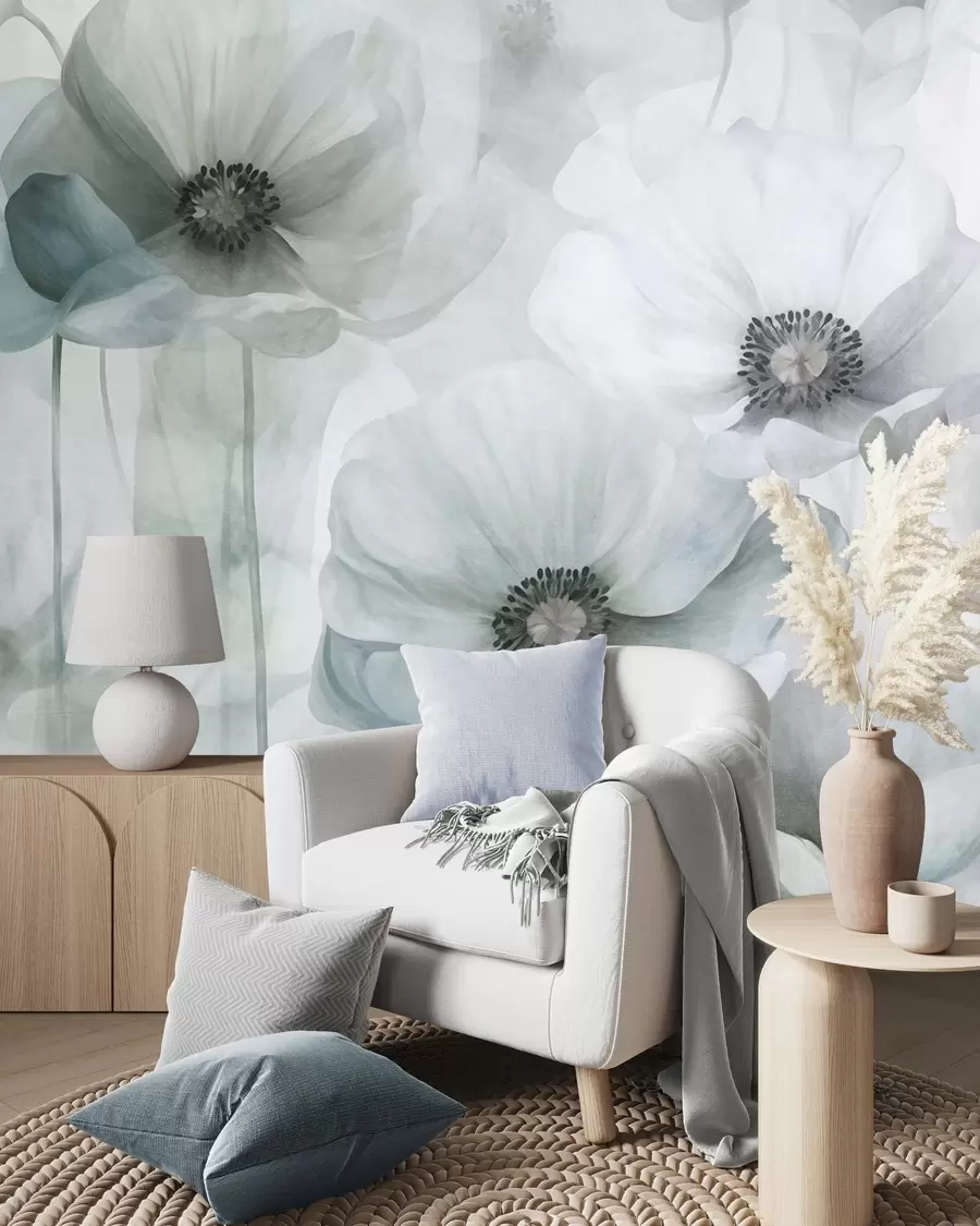 wall murals Muted textured poppies with dark centers, delicate translucent petals, soft background w10029v2