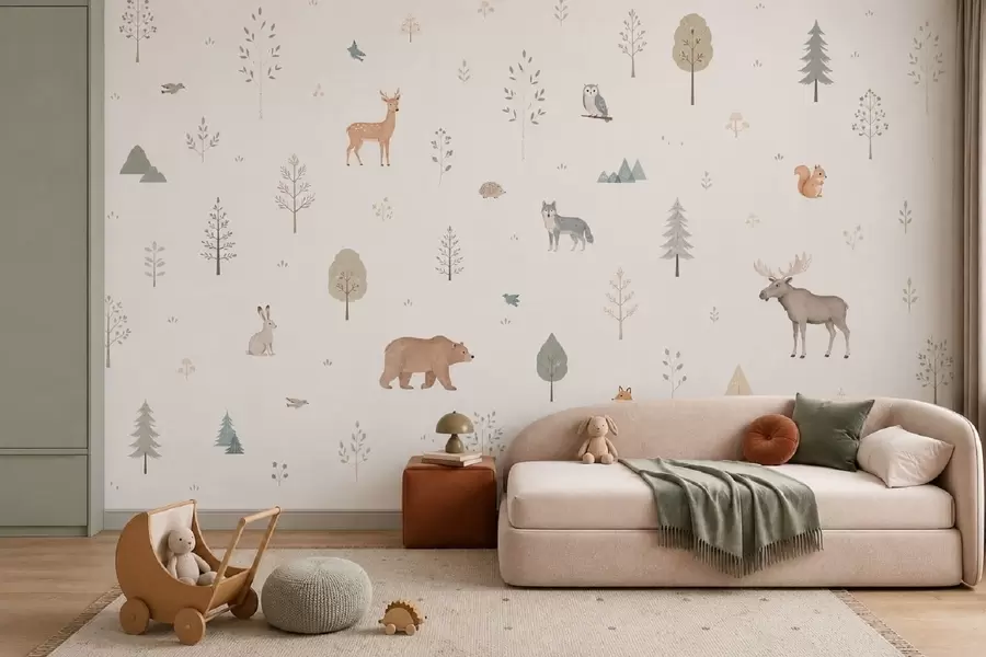 wall murals Forest animals and trees on a light background w05864