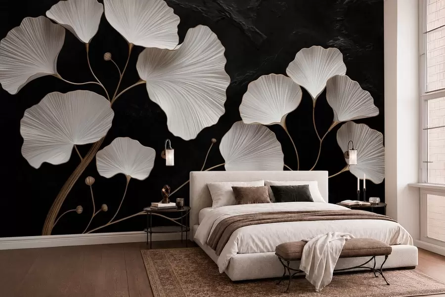 wall murals White fan-shaped leaves on a black background w05860
