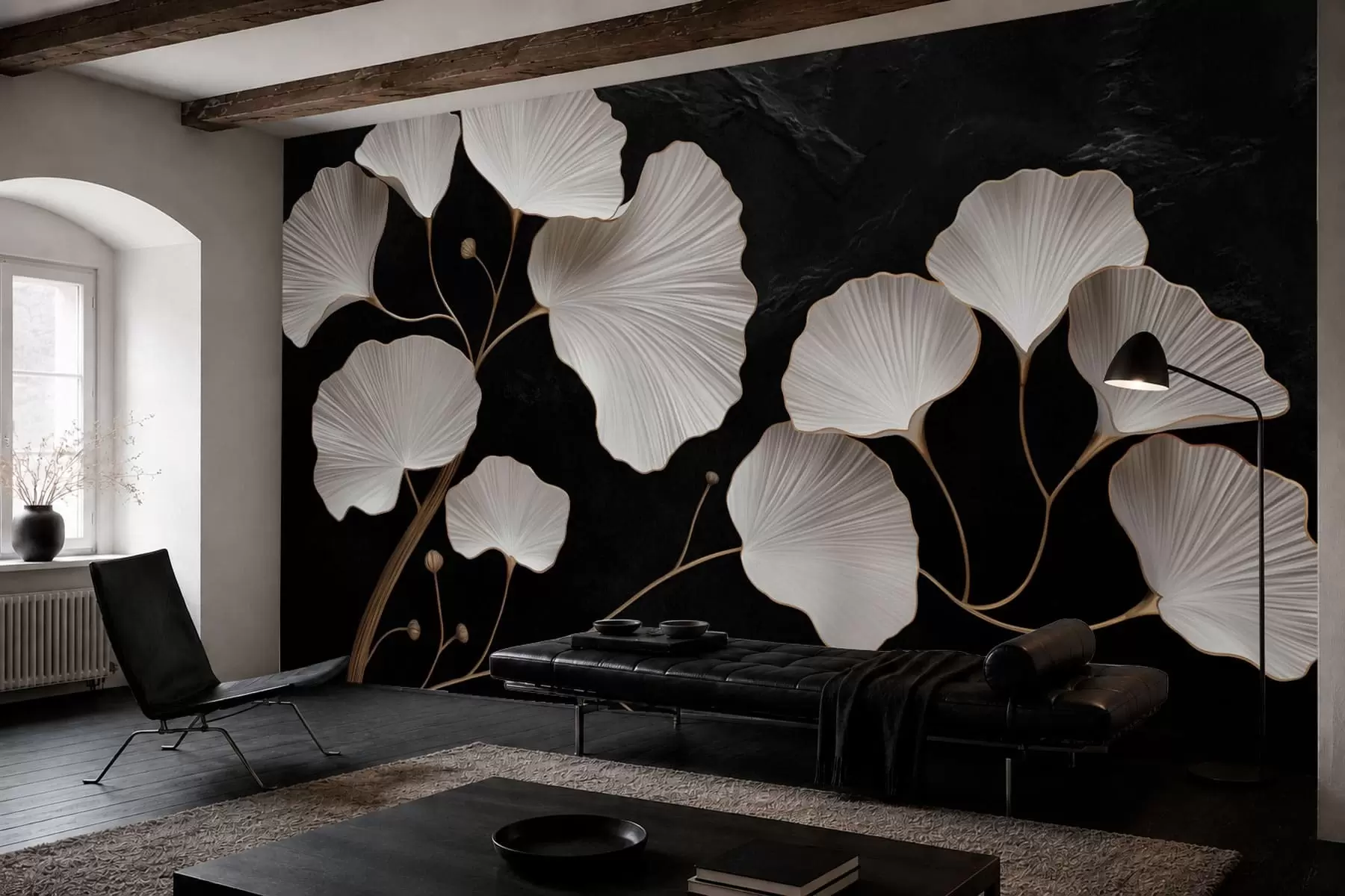 wall murals White fan-shaped leaves on a black background w05860