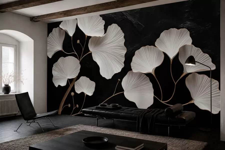 wall murals White fan-shaped leaves on a black background w05860