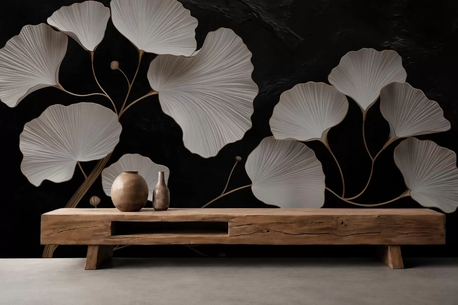 wall murals White fan-shaped leaves on a black background w05860