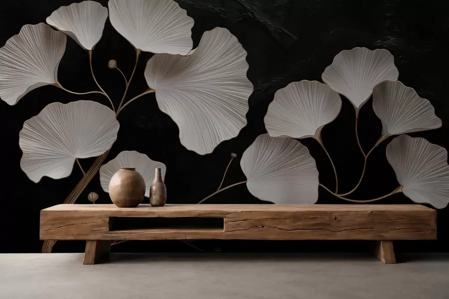 wall murals White fan-shaped leaves on a black background w05860