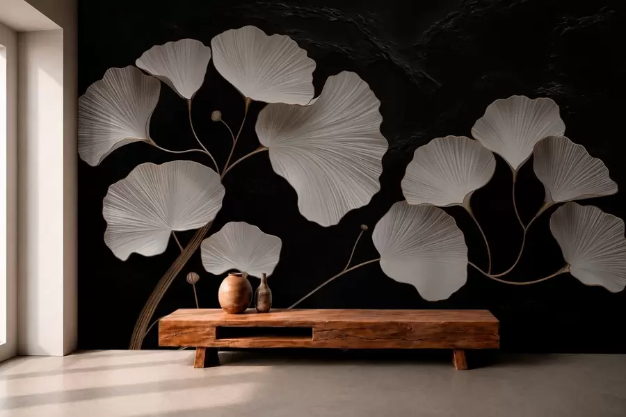 wall murals White fan-shaped leaves on a black background w05860