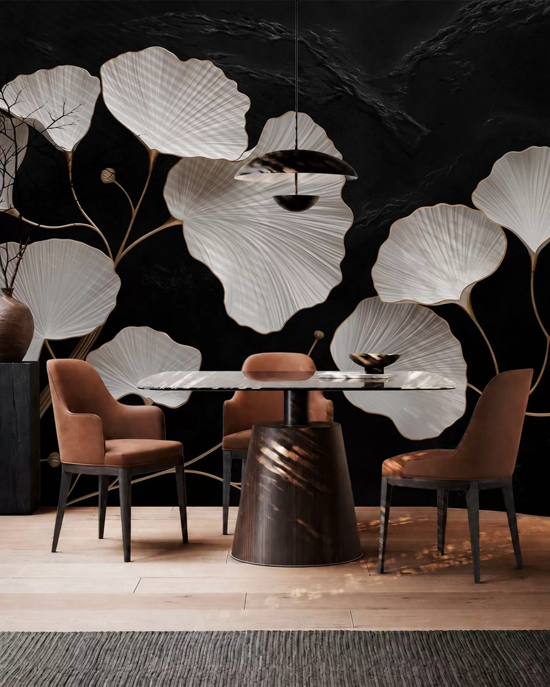 wall murals White fan-shaped leaves on a black background w05860
