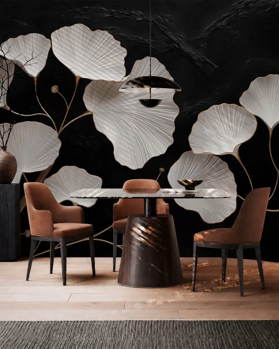 wall murals White fan-shaped leaves on a black background w05860