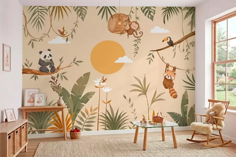 wall murals Tropical animals, foliage and sun on a warm background w05865v1