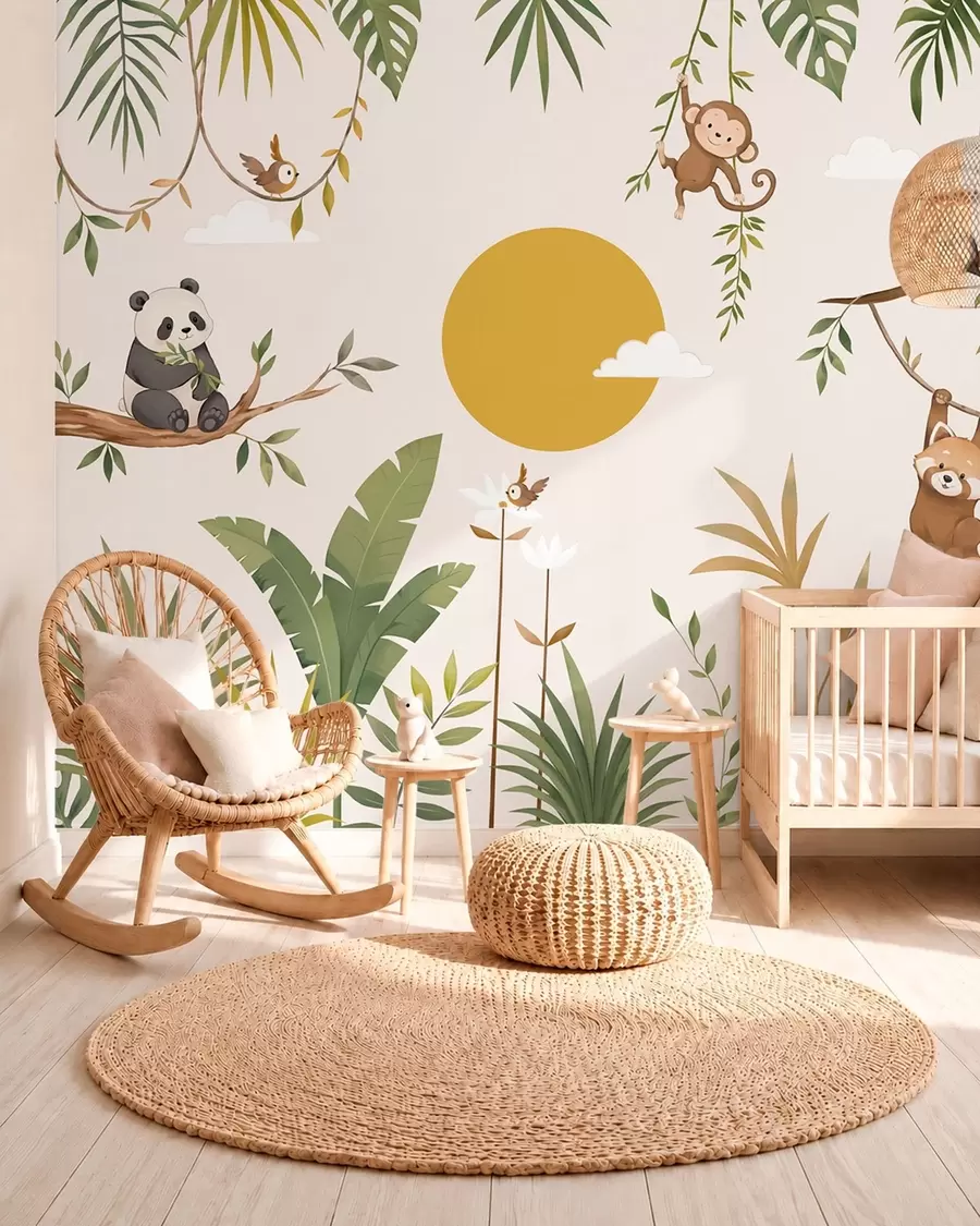 wall murals Tropical animals among foliage with a large sun w05865v2