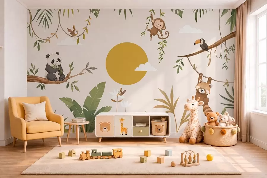 wall murals Tropical animals among foliage with a large sun w05865v2