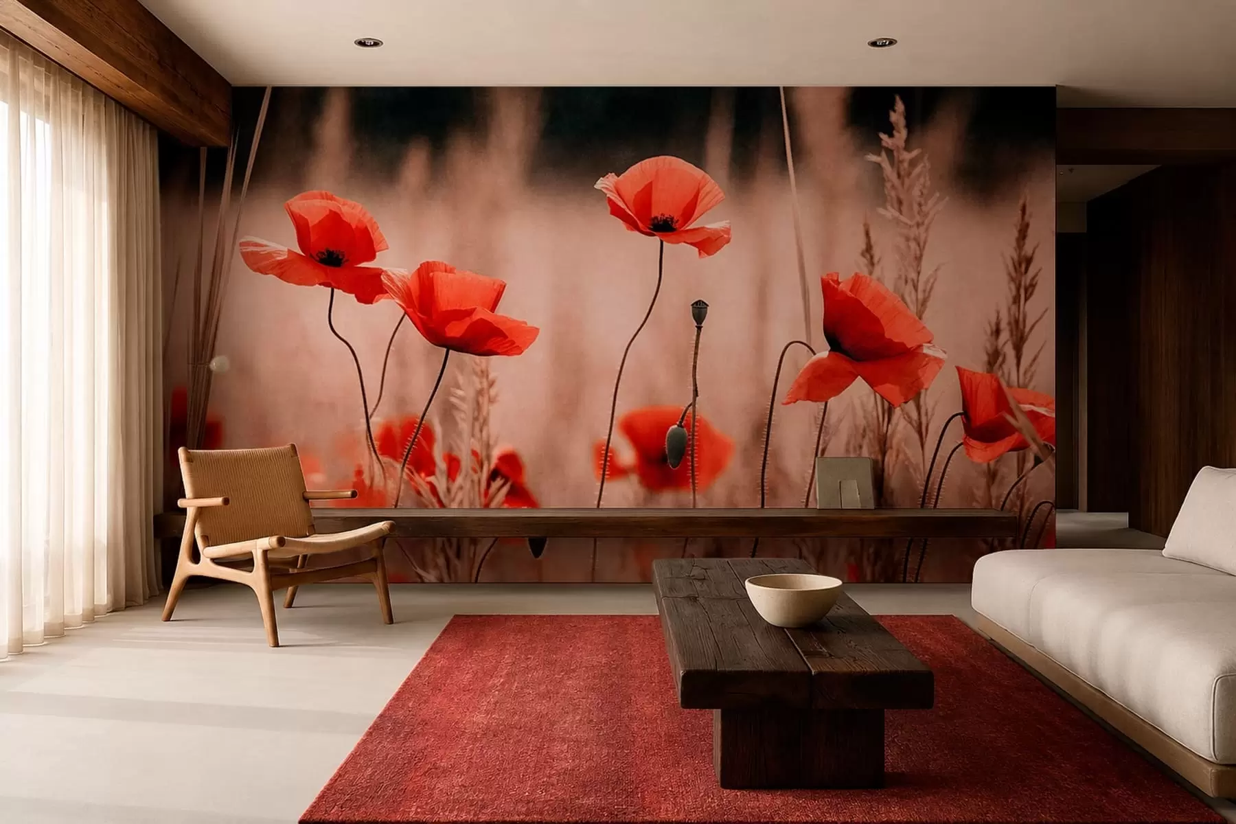 wall murals Bright red poppies among dry grasses w05866