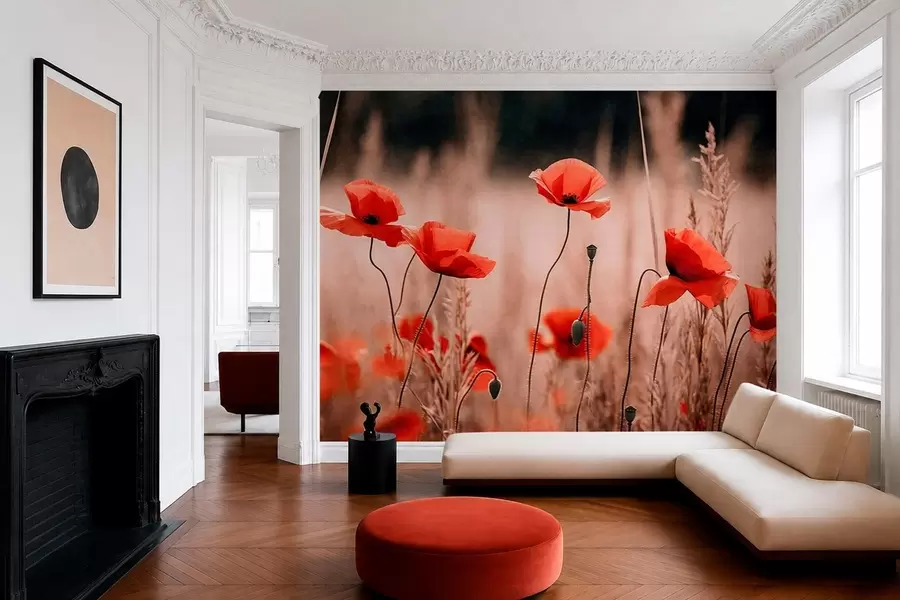 wall murals Bright red poppies among dry grasses w05866