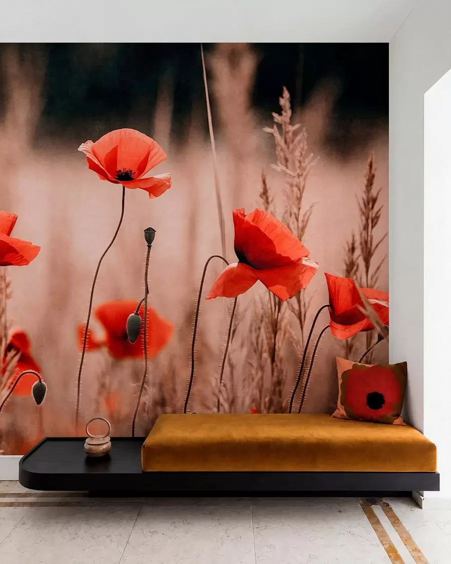 wall murals Bright red poppies among dry grasses w05866
