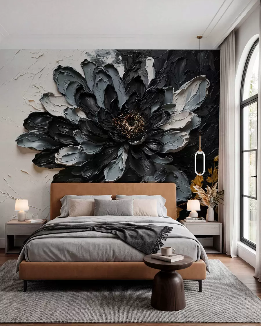 wall murals Textured black and gray flower with decorative branches w05883