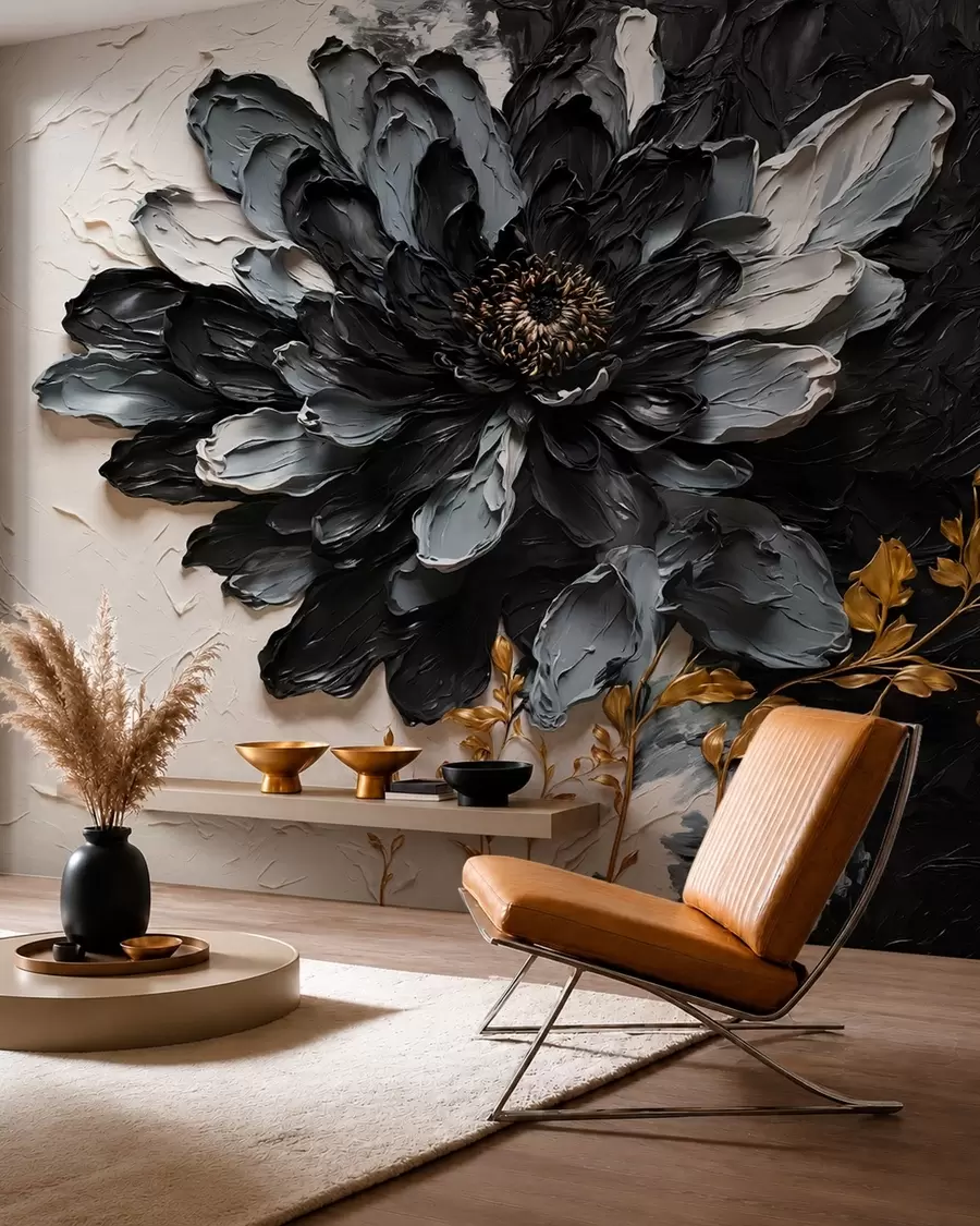 wall murals Textured black and gray flower with decorative branches w05883