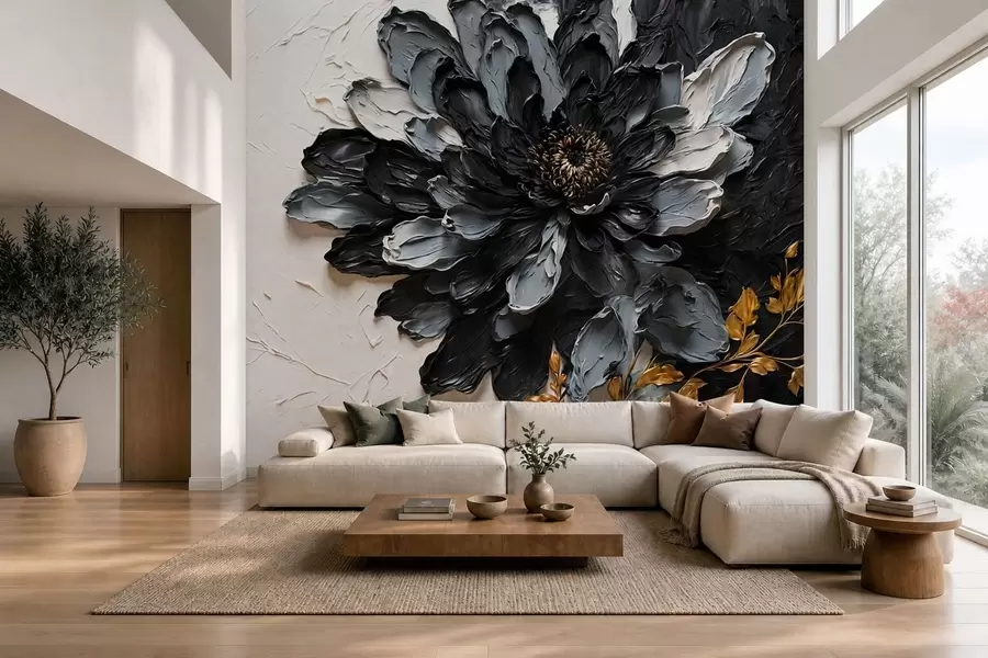 wall murals Textured black and gray flower with decorative branches w05883