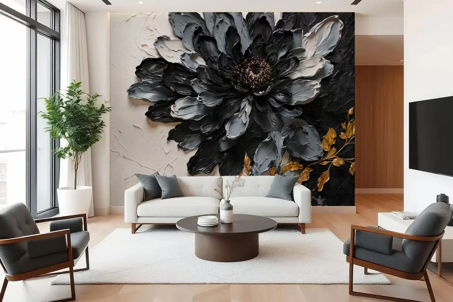 wall murals Textured black and gray flower with decorative branches w05883
