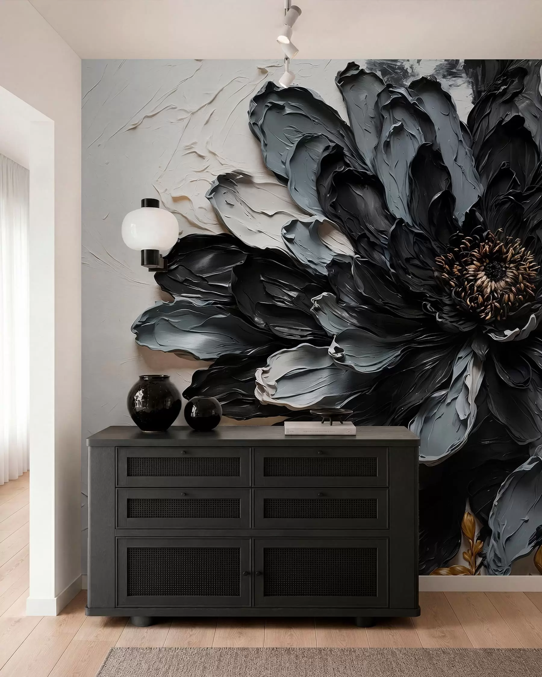 wall murals Textured black and gray flower with decorative branches w05883