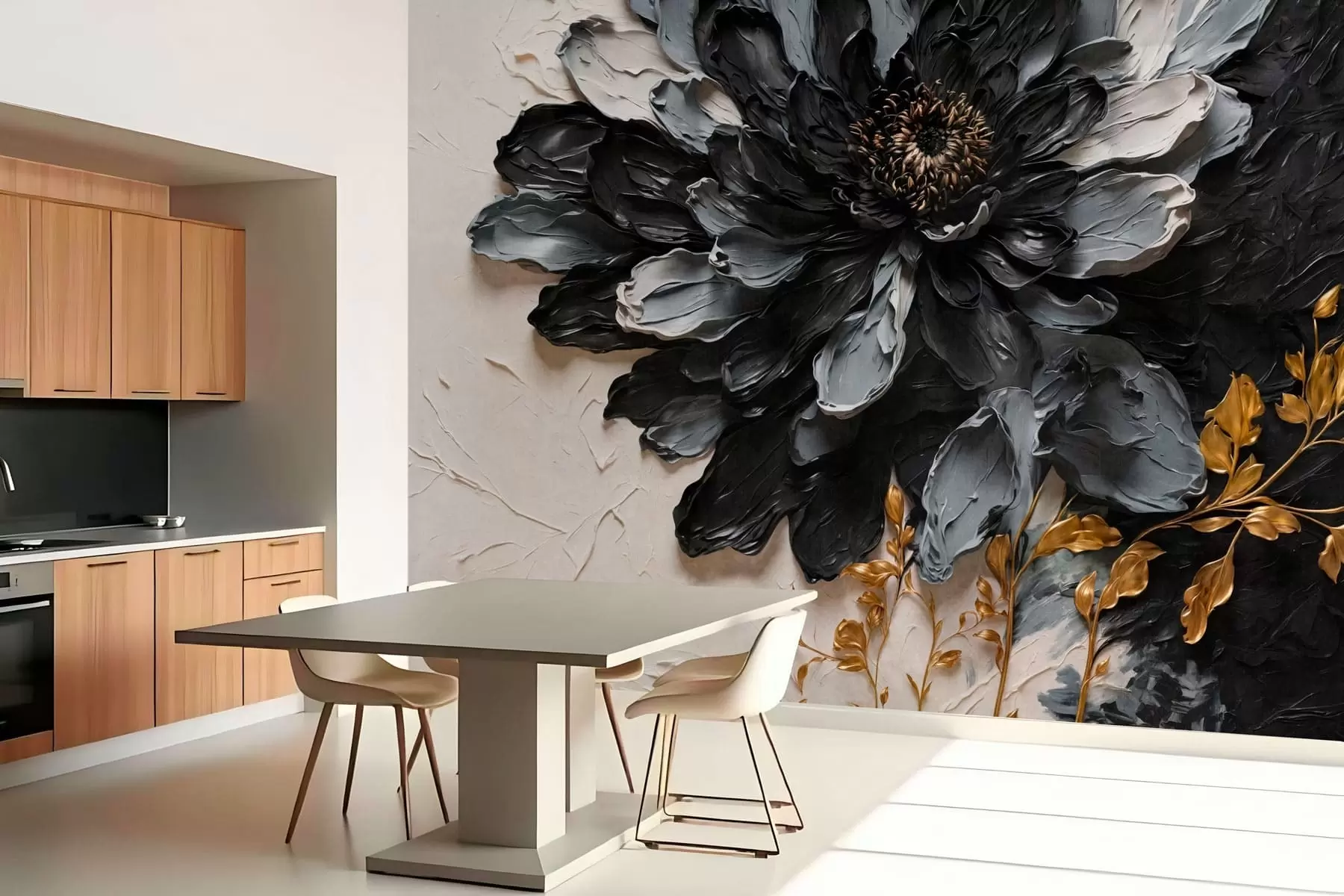 wall murals Textured black and gray flower with decorative branches w05883