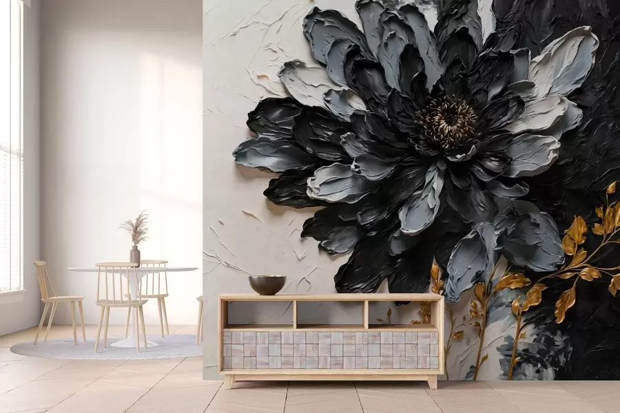 wall murals Textured black and gray flower with decorative branches w05883