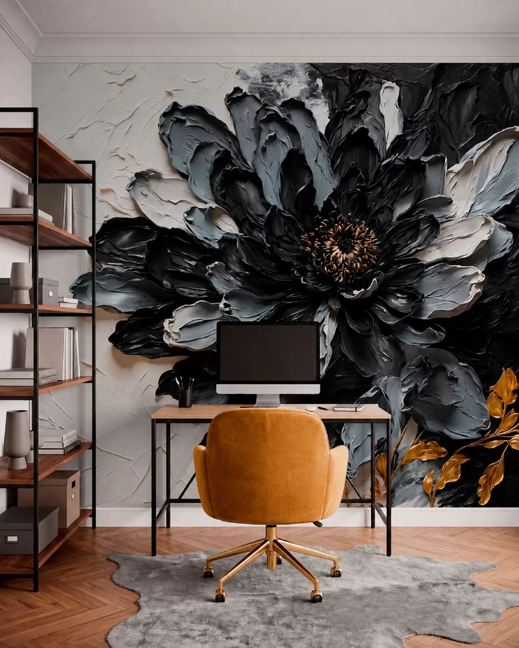 wall murals Textured black and gray flower with decorative branches w05883