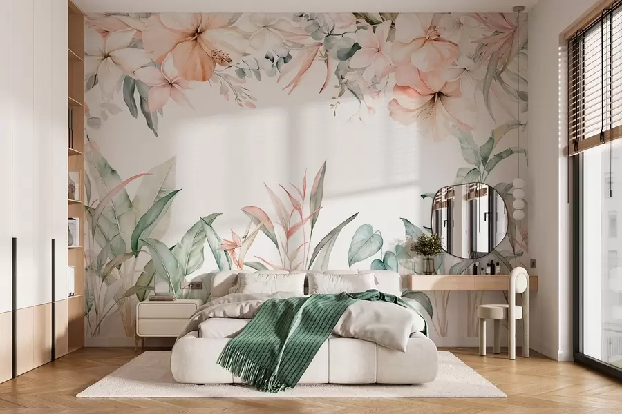 wall murals A tropical composition of flowers and plants in a watercolour style, in delicate shades w05870