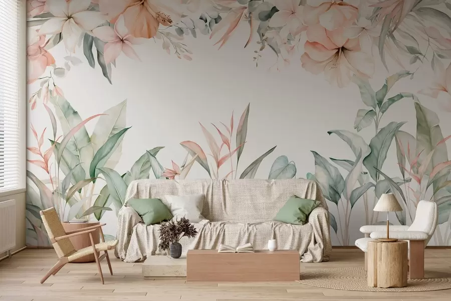 wall murals A tropical composition of flowers and plants in a watercolour style, in delicate shades w05870