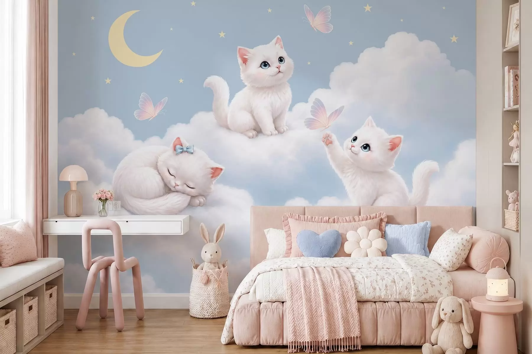 wall murals Cute kittens with butterflies among the clouds w05841