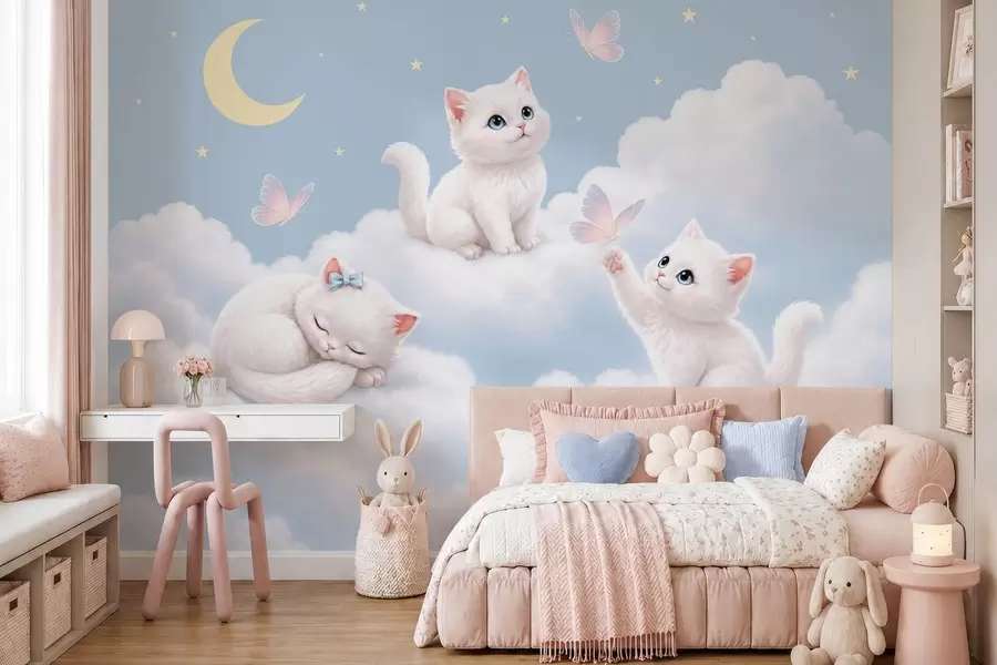 wall murals Cute kittens with butterflies among the clouds w05841