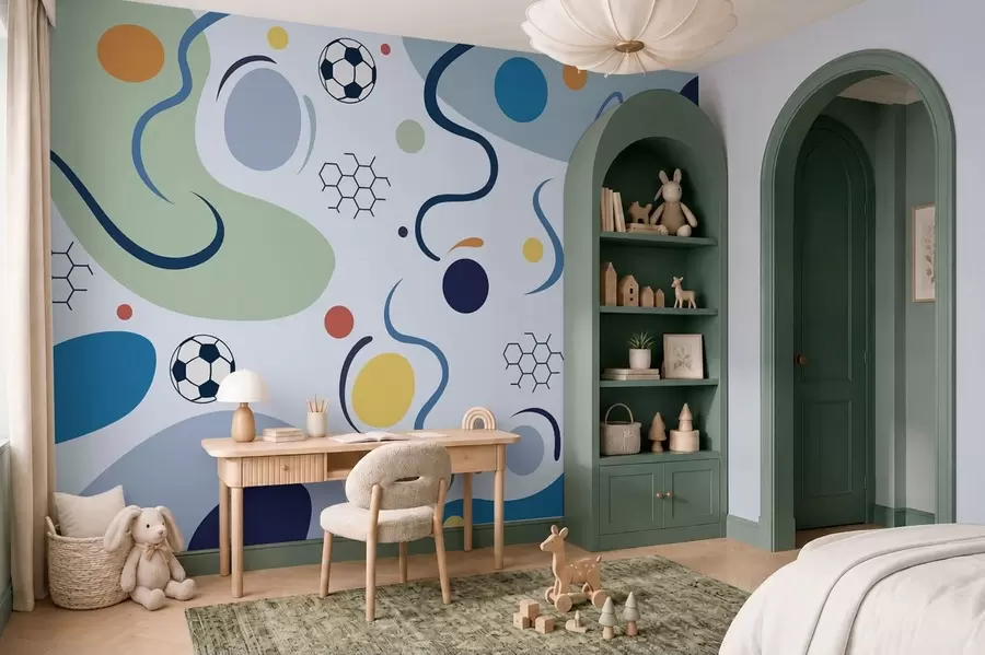 wall murals Colorful abstract shapes, soccer balls and lines w05142v1