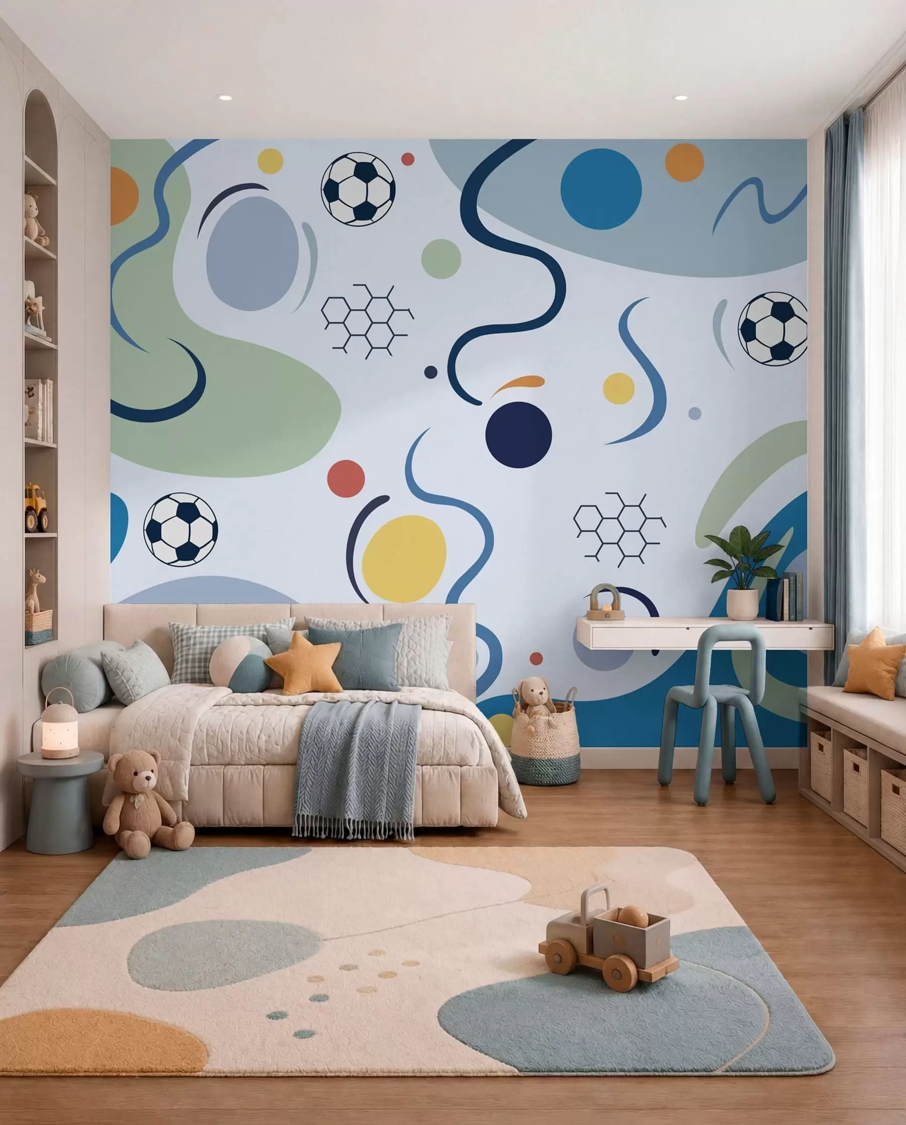 wall murals Colorful abstract shapes, soccer balls and lines w05142v1