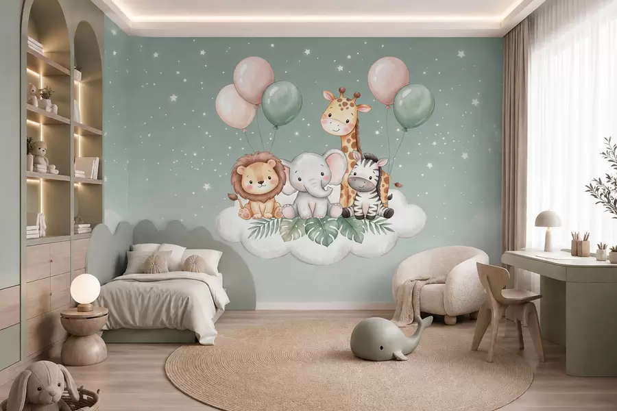 wall murals Friendly safari animals on fluffy clouds in soft pastel tones, in a watercolor style w10004