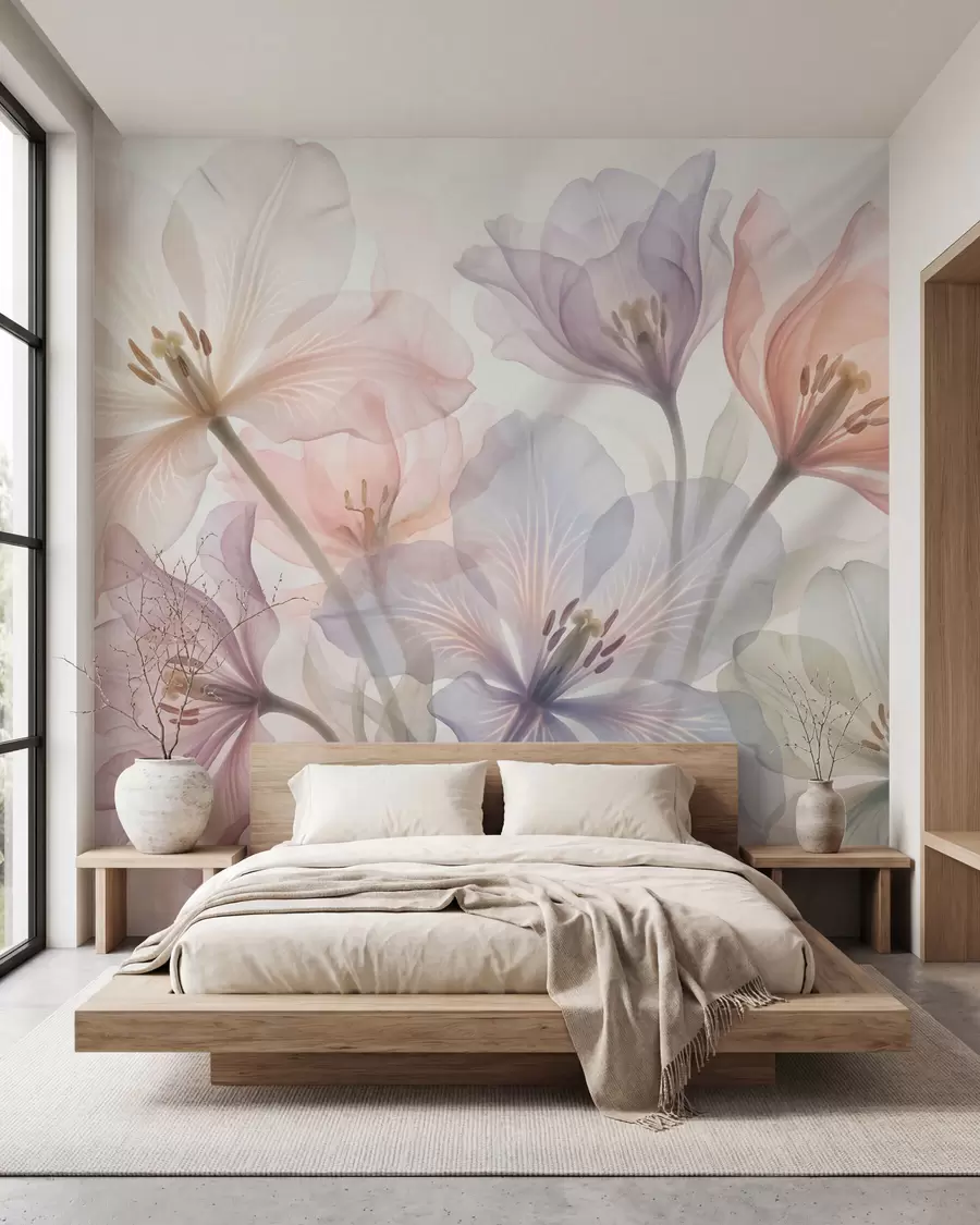wall murals Delicate transparent flowers in pastel shades, in a watercolor style w09999