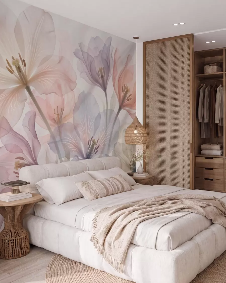 wall murals Delicate transparent flowers in pastel shades, in a watercolor style w09999