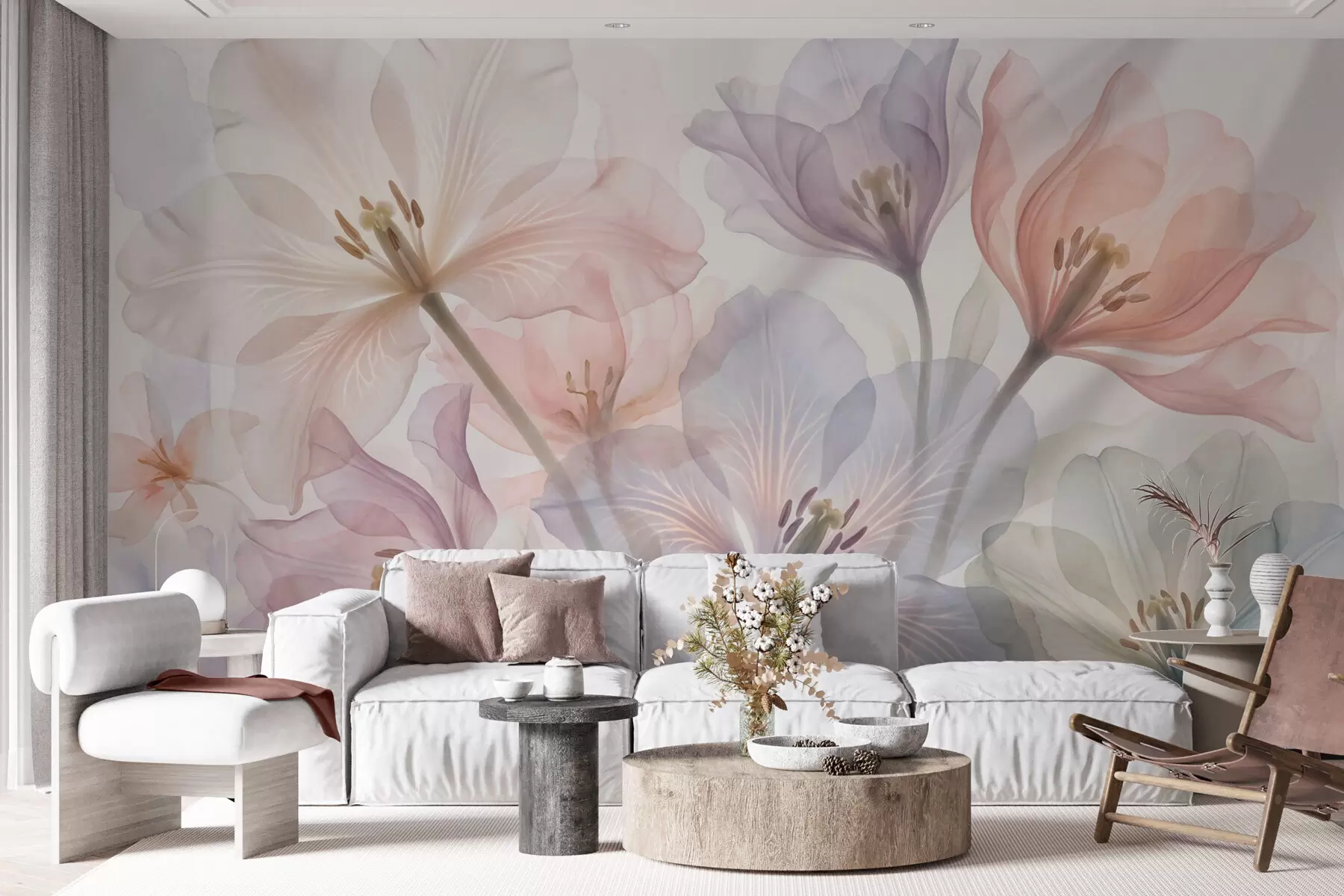 wall murals Delicate transparent flowers in pastel shades, in a watercolor style w09999