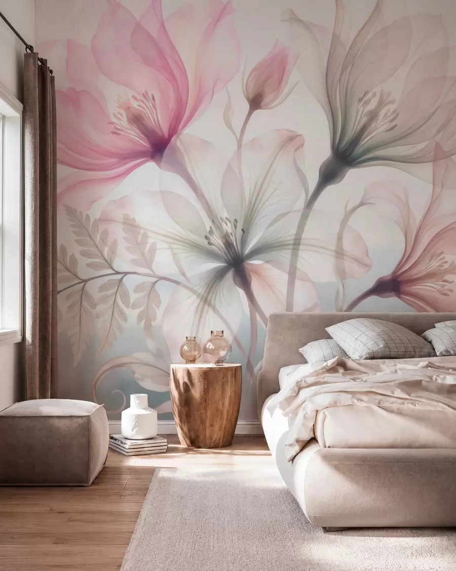 wall murals Delicate flowers in pastel pink and blue tones, in a watercolor style w10009