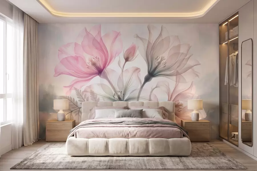wall murals Delicate flowers in pastel pink and blue tones, in a watercolor style w10009
