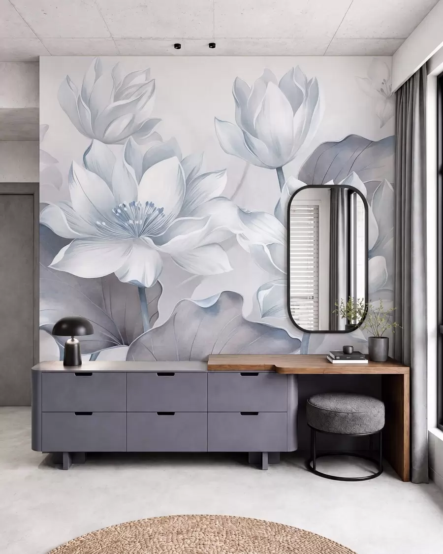 wall murals Textured lotus flowers with delicate petals, large, muted blue leaves w10027v1