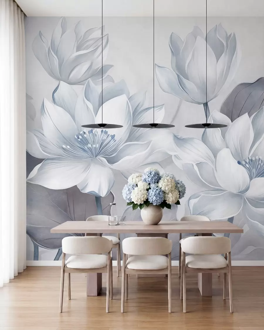 wall murals Textured lotus flowers with delicate petals, large, muted blue leaves w10027v1