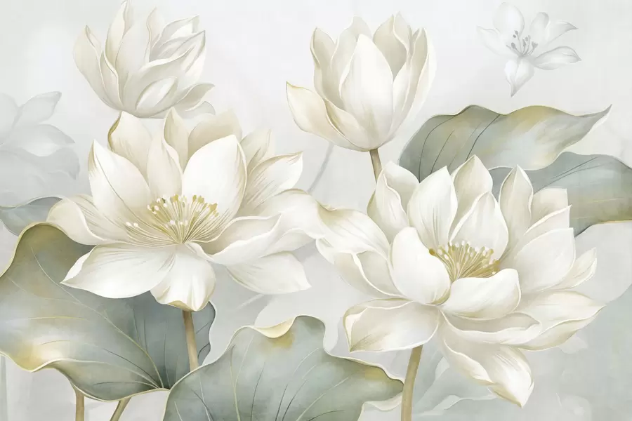 wall murals Textured lotus flowers with delicate petals, large, muted green leaves w10027