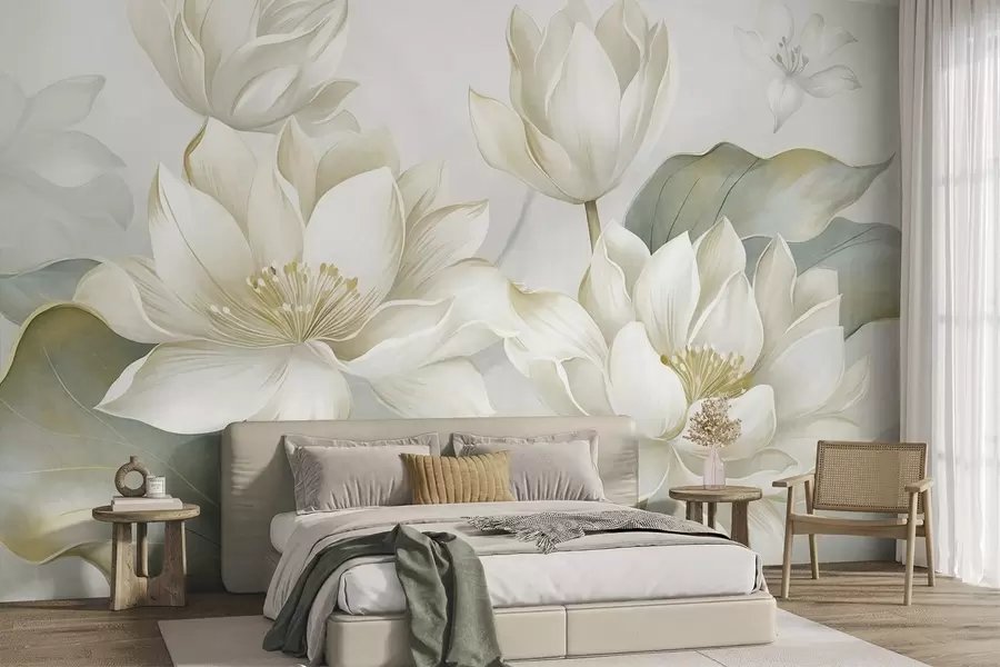 wall murals Textured lotus flowers with delicate petals, large, muted green leaves w10027