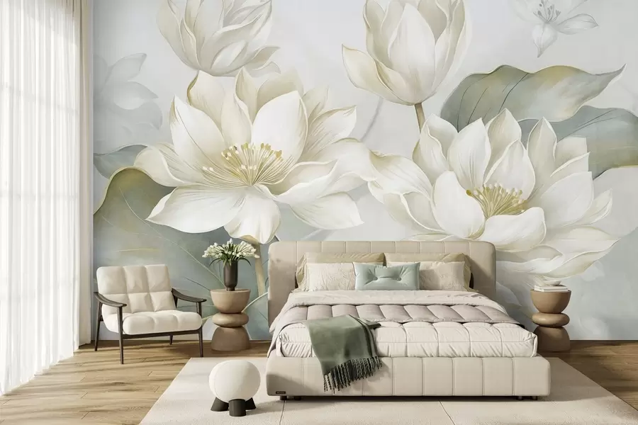 wall murals Textured lotus flowers with delicate petals, large, muted green leaves w10027