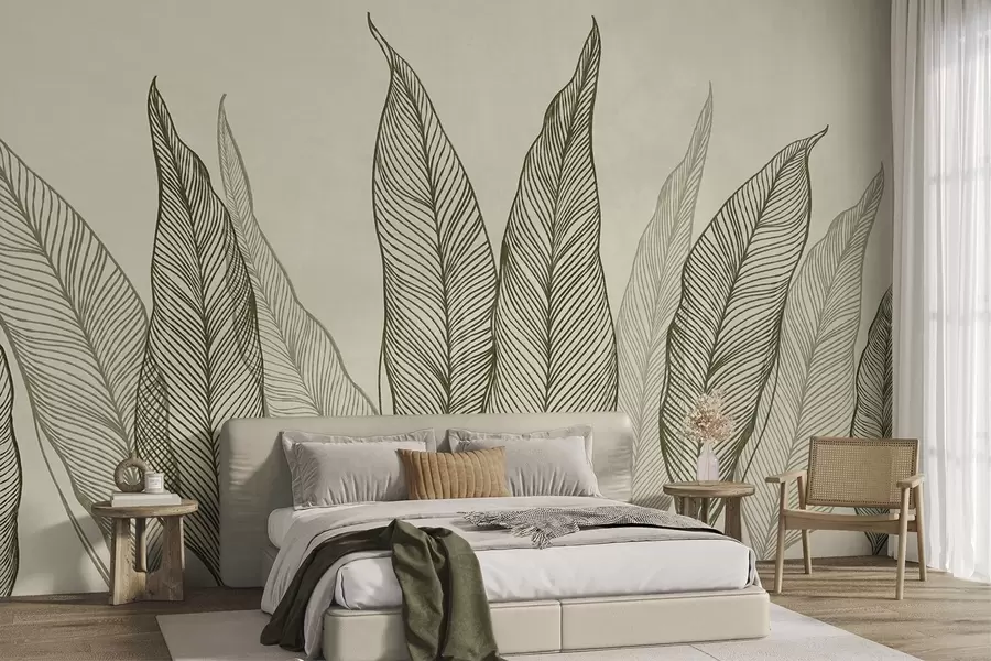 wall murals Stylized green leaves with intricate line details on a beige background, textured art w10030