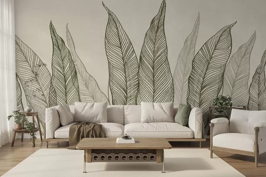 wall murals Stylized green leaves with intricate line details on a beige background, textured art w10030
