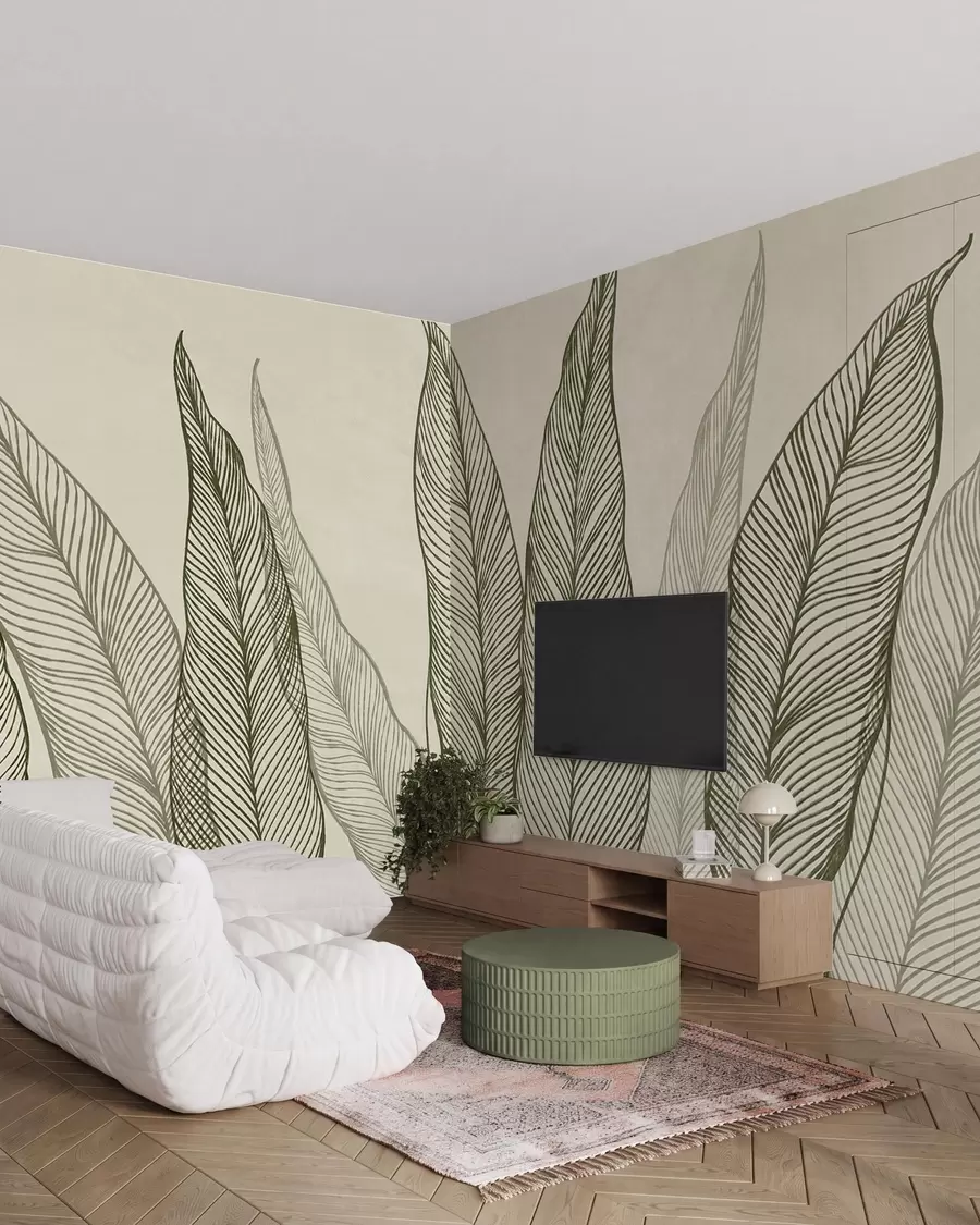 wall murals Stylized green leaves with intricate line details on a beige background, textured art w10030